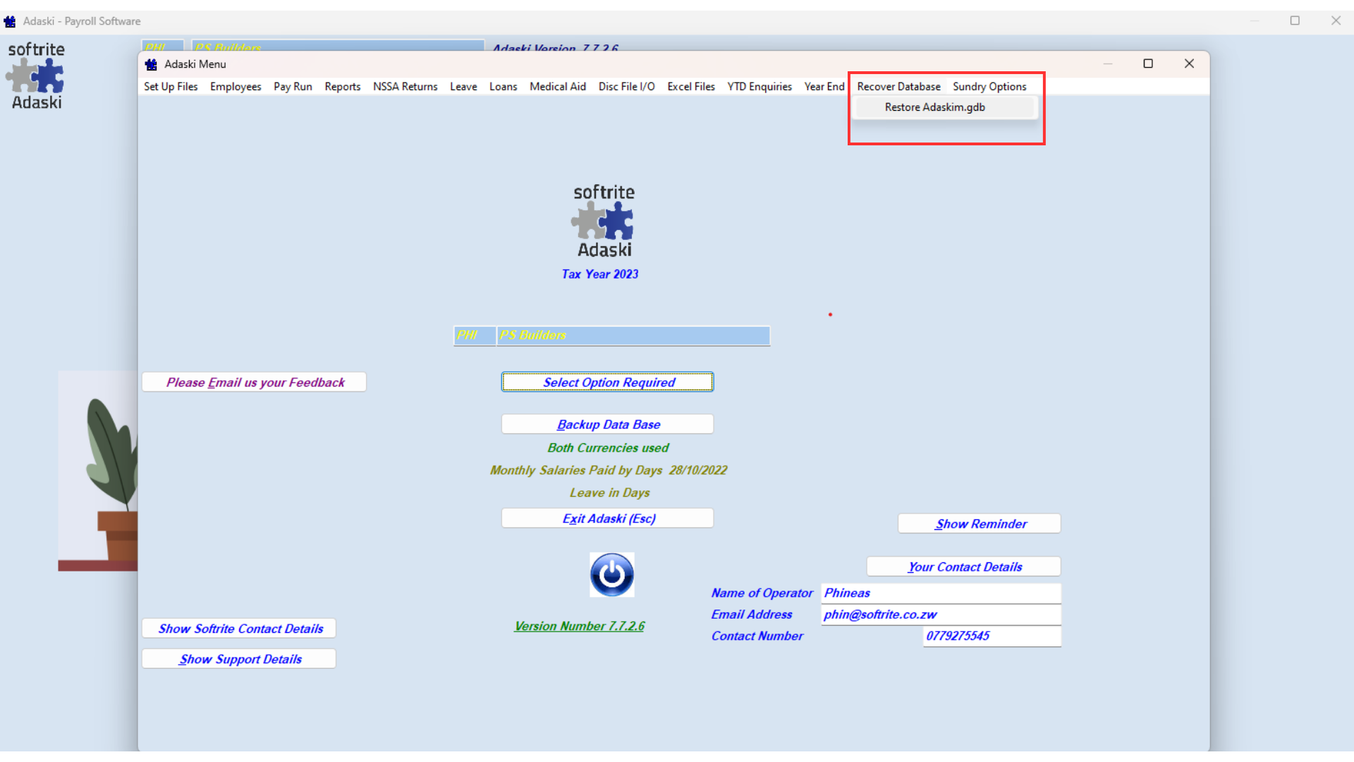 Payroll restore db in top menu